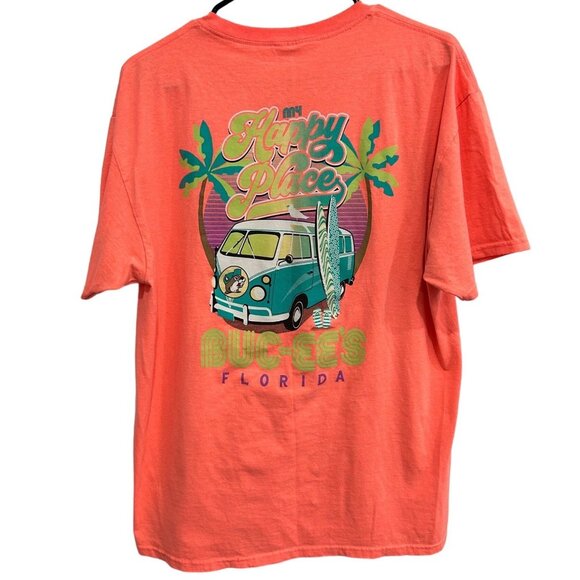 Bucc-ees Coral T-Shirt With Cartoon Graphic Happy Place Print Sz Large - Picture 1 of 8